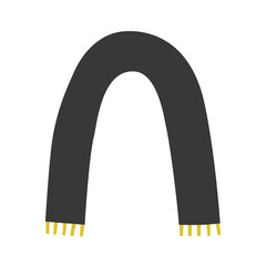 Vector isolated flat hand drawn illustration. Black warm winter scarf with yellow fringe. Simplified minimalistic shape of arch, Scandinavian style