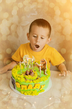 Little boy with beautiful birthday cake with dinosaurs. Translation: Vlad is 4.