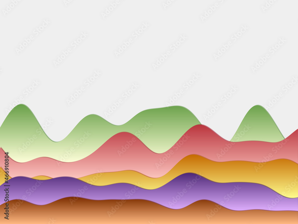 Poster abstract mountains background with curved layers in multicolored colors. papercut style hills in a v