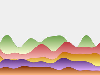 Abstract mountains background with curved layers in multicolored colors. Papercut style hills in a vector illustration.