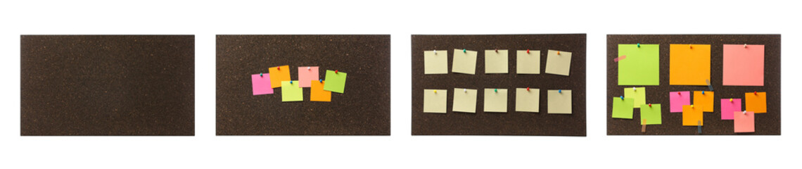 Cork boards with notes on white background, collage. Banner design