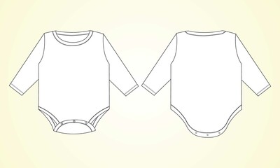 Long Sleeve baby romper Overall technical fashion flat sketch drawing vector illustration template front and back view. Apparel Clothes design Mock up for baby girl. Kids Dress Design Easy editable.