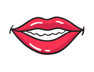 Comic female red lips sticker. Women mouth with lipstick in vintage comic style. Smile pop art retro illustration