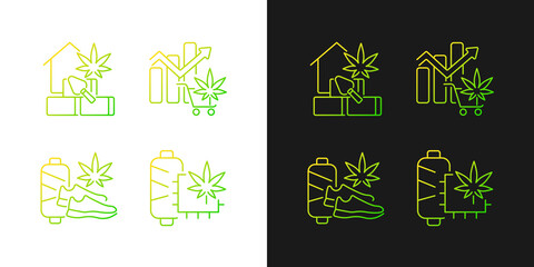 Cannabis products gradient icons set for dark and light mode. Global legal marijuana market. Thin line contour symbols bundle. Isolated vector outline illustrations collection on black and white