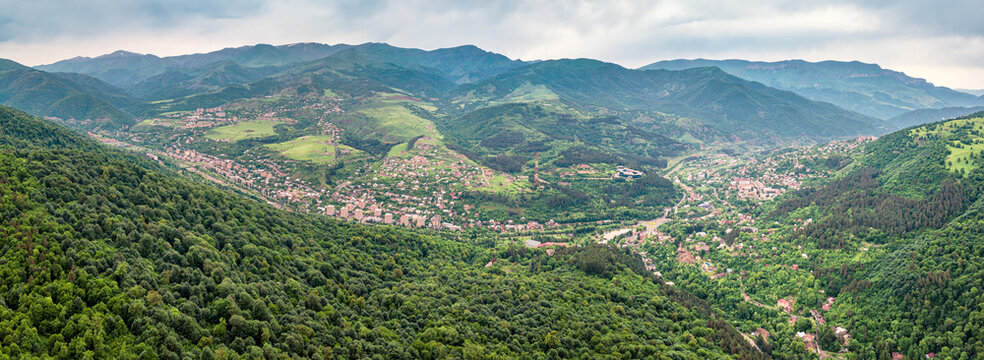 panoramic aerial view of the famous spa resort town of Dilijan in Armenia surrounded by dense forests in Caucasus mountains
