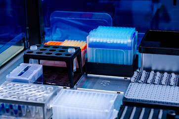 Close-up of PCR test automation laboratory