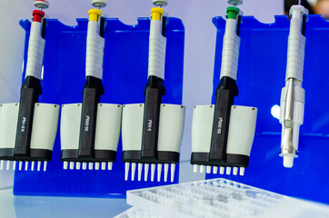 Close-up of different multichannel pipette