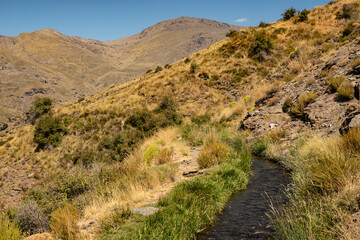 One of the ancient water channel (Acequias) of the Poqueira valley, Las Alpujarras, Sierra Nevada National Park, Andalusia, Spain