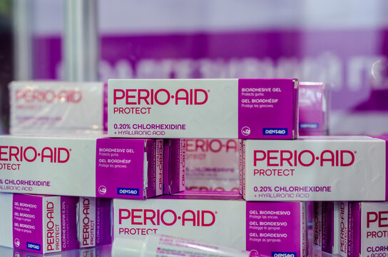 Kyiv, Ukraine - October 06, 2021: PERIO·AID Protect is a bioadhesive gel that contains chlorhexidine 0.20%, hyaluronic acid and panthenol for enhanced protection of the gums