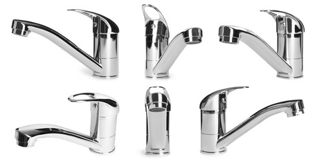 Set with new water faucets on white background. Banner design