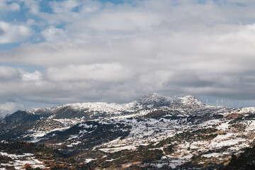 Winter mountain scenery. Top view from Mega Spileon Monastery. Popular winter travel destination in Kalavryta, Greece, Europe