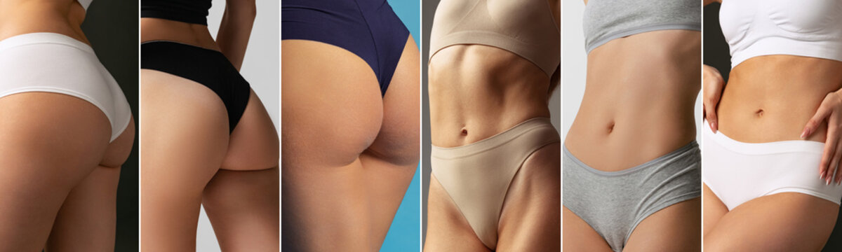Collage made of cropped images of sportive bodies, bellies and bottocks of young women isolated on colored studio background.