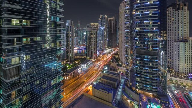 View of the Dubai Marina and JBR area aerial night timelapse