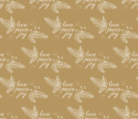 Love peace joy calligraphy inscription, seamless vector illustration. Design for gift wrapping paper, fabric, clothes, textile, wallpaper.