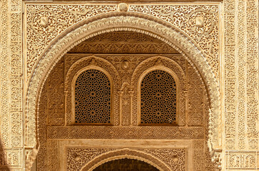 Moorish ornaments on the entrance portal of Comares Palace (Palacio de Comares), part of the Nasrid palaces, Alhambra de Granada UNESCO World Heritage Site, Granada, Andalusia, Spain