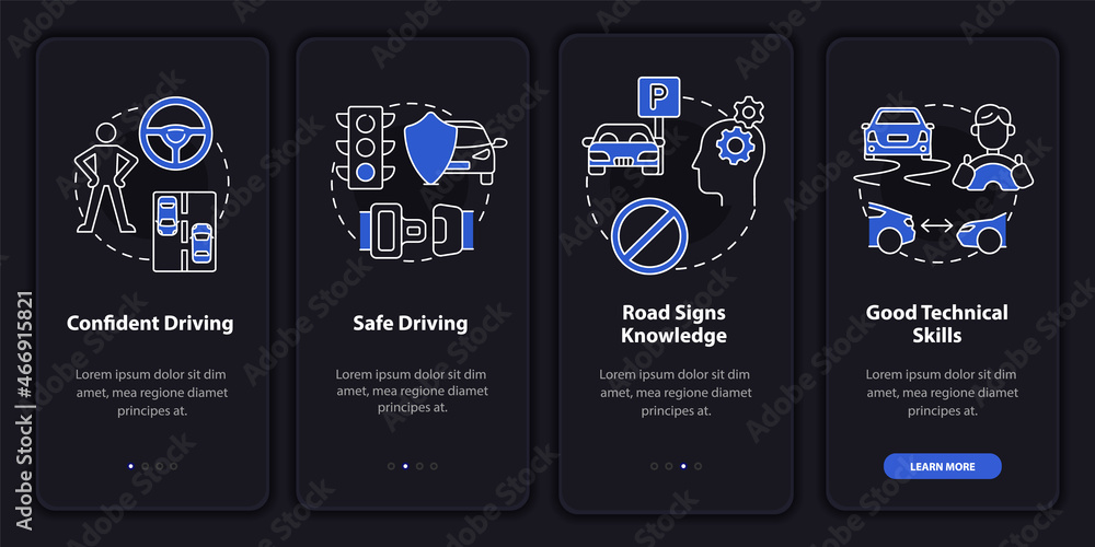 Poster driving course results dark onboarding mobile app page screen. walkthrough 4 steps graphic instructi