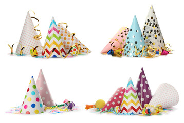 Set with colorful party hats, blowers and streamers on white background. Banner design