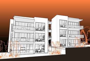 3d illustration of small apartment buildings with abstract orange colored trees. Perspective with light shadows on orange gradient background.  Living room and kitchen facing facade with big balcony.