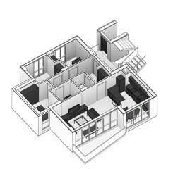 Abstract 3d illustration of a residential flat.  3d plan model of an open kitchen house planning with 3 bedrooms. Ambient shadowed perspective with white colored walls and dark grey colored furniture.