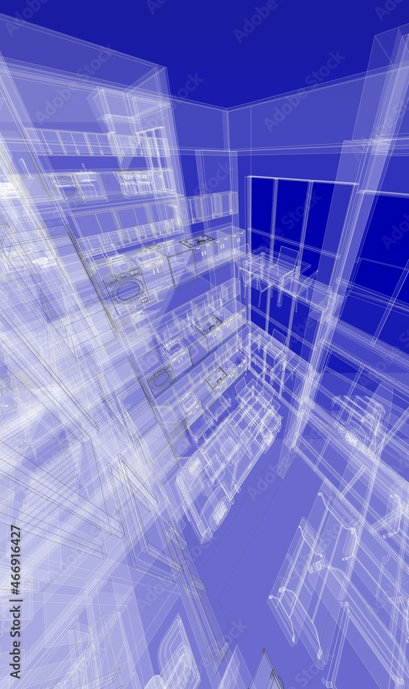 Poster abstract 3d illustration of an architectural drawing of a kitchen. partial perspective with transpar