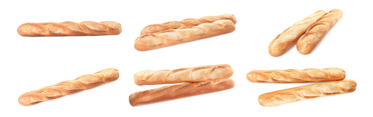 Set with freshly baked tasty baguettes on white background. Banner design