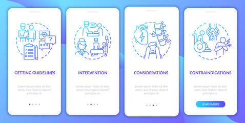 Pulmonary rehab process blue gradient onboarding mobile app page screen. Recovery walkthrough 4 steps graphic instructions with concepts. UI, UX, GUI vector template with linear color illustrations