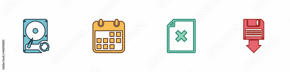 Poster set hard disk drive hdd sync refresh, calendar, delete file document and floppy backup icon. vector