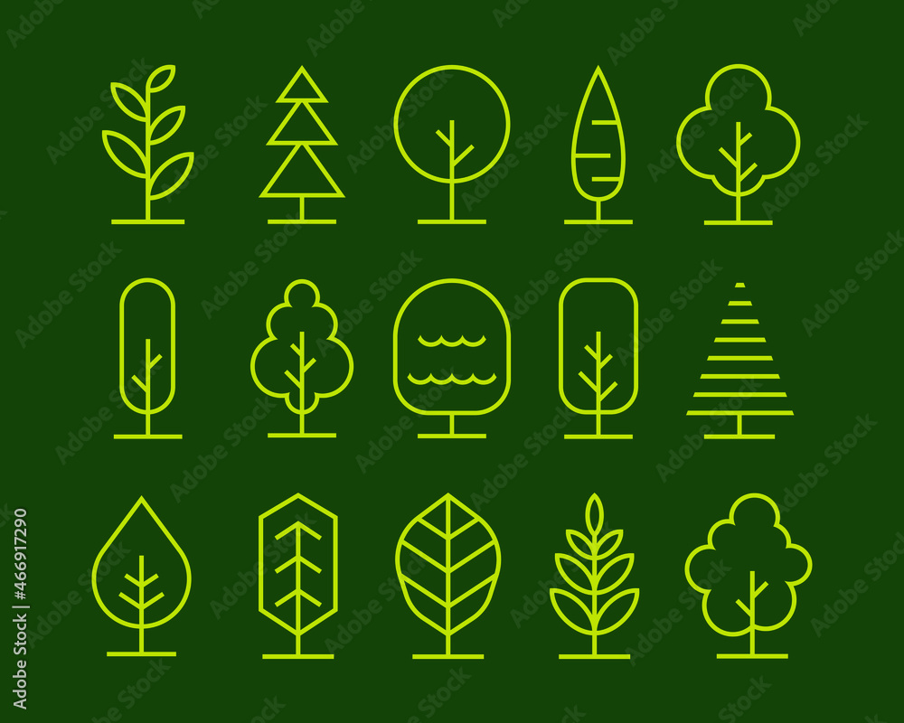 Poster set of tree illustration in a simple monoline vector style. minimal drawing of simple element collec