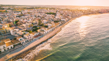 Amazing Panorama of Donnalucata and Mediterranean Sea at Dawn from above, Scicli, Ragusa, Sicily, Italy, Europe--