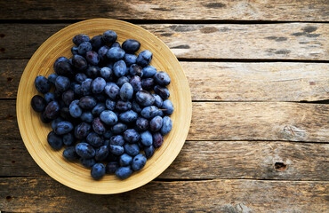 Plate ripe plums in light from window.