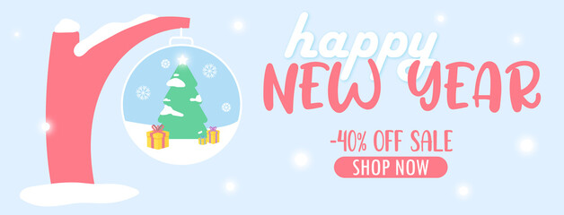 banner 40% off, happy new year, merry christmas, discount 40%, new 2022 year, 2022, holiday, santa, christmas tree