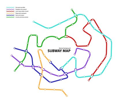 Subway map. Template of fictional town public transport scheme for underground transition road. Metro or bus abstract traffic pattern with circular heart shape color routes. Vector card illustration
