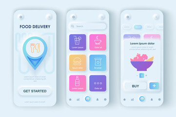 Delivery food concept neumorphic templates set. Choices of food or drinks, online ordering, home delivery service. UI, UX, GUI screens for responsive mobile app. Vector design kit in neumorphism style