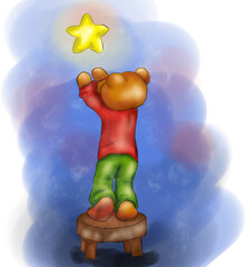 little teddy bear reaches for the star from the stool