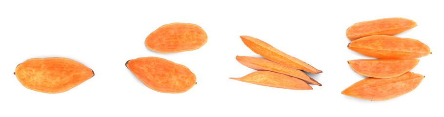 Set with cut ripe sweet potatoes on white background, top view Banner design