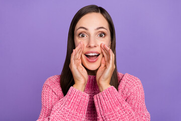 Photo of hooray young brunette lady speak gossip wear pink pullover isolated on purple color...