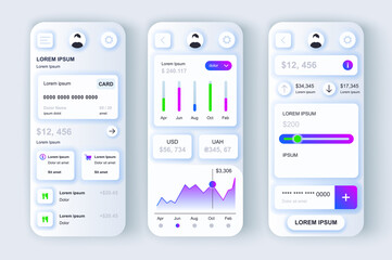 Finance services concept neumorphic templates set. Credit card service and monitoring of expenses and income. UI, UX, GUI screens for responsive mobile app. Vector design kit in neumorphism style