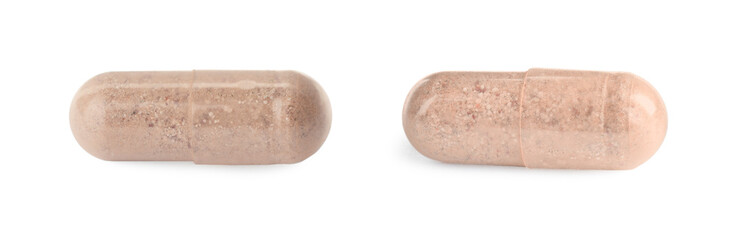 Transparent gelatin capsules on white background, collage. Banner design