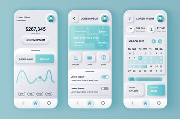 Finance services concept neumorphic templates set. Financial transactions in online banking smartphone interface. UI, UX, GUI screens for responsive mobile app. Vector design kit in neumorphism style