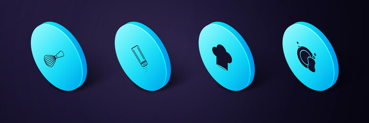 Set Isometric Washing dishes, Chef hat, Salt and pepper and Kitchen whisk icon. Vector