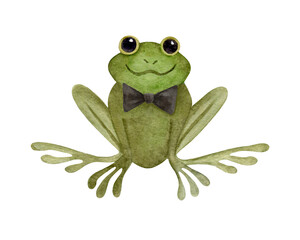 Watercolor frog  in a black bow tie. Hand drawn amphibian with big eyes isolated on a white background. Cute animal character