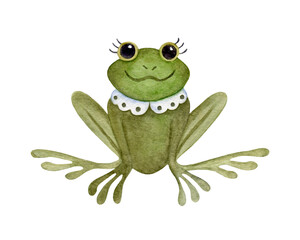 Charming frog in lace collar. Watercolor illustration. Cute green amphibian isolated on a white background. Fairy tale character