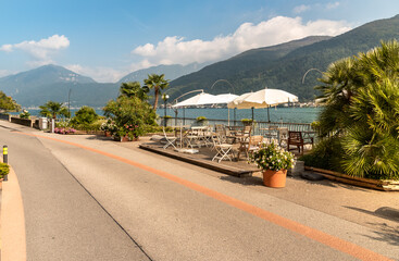Promenade of picturesque village Morcote on the shore of lake Lugano in Ticino, Switzerland