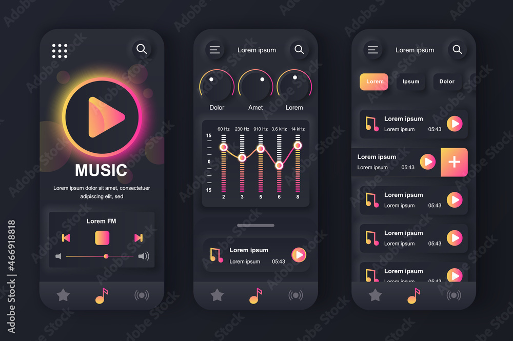 Poster music player concept neumorphic templates set. play songs, equalizer settings, playlist, navigation 