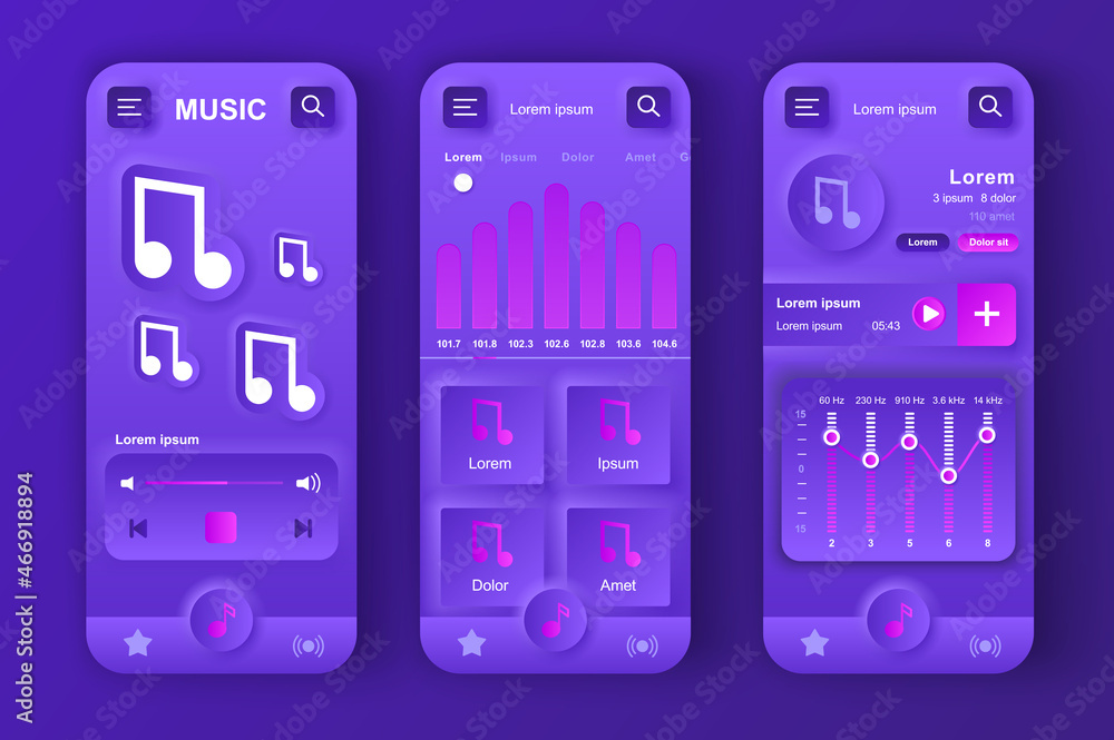 Poster Music player concept neumorphic templates set. Navigation and interface elements with notes symbols, play songs. UI, UX, GUI screens for responsive mobile app. Vector design kit in neumorphism style