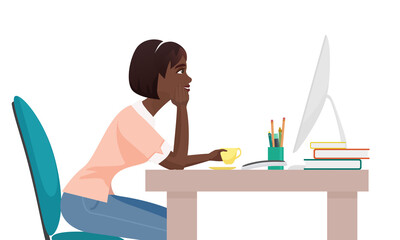 Afro-american woman freelancer, she works while sitting at computer. Remote work, girl behind office steel isolated, flat vector design