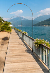 Promenade of picturesque village Morcote on the shore of lake Lugano in Ticino, Switzerland