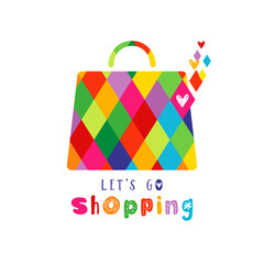 Shopping icon creative concept.  Handbag shape with geometric colorful texture in vector mask. Shopping bag logo idea. Bright lettering Let's Go Shopping. Isolated abstract graphic design template.