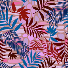 Botanical seamless pattern mixed with geometric shapes brush strokes texture. Exotic sprigs and leafage. Floral background made of herbal foliage and leaves for fashion,  textile and fabric.