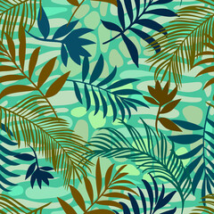 Fototapeta na wymiar Botanical seamless pattern mixed with geometric shapes brush strokes texture. Exotic sprigs and leafage. Floral background made of herbal foliage and leaves for fashion, textile and fabric.